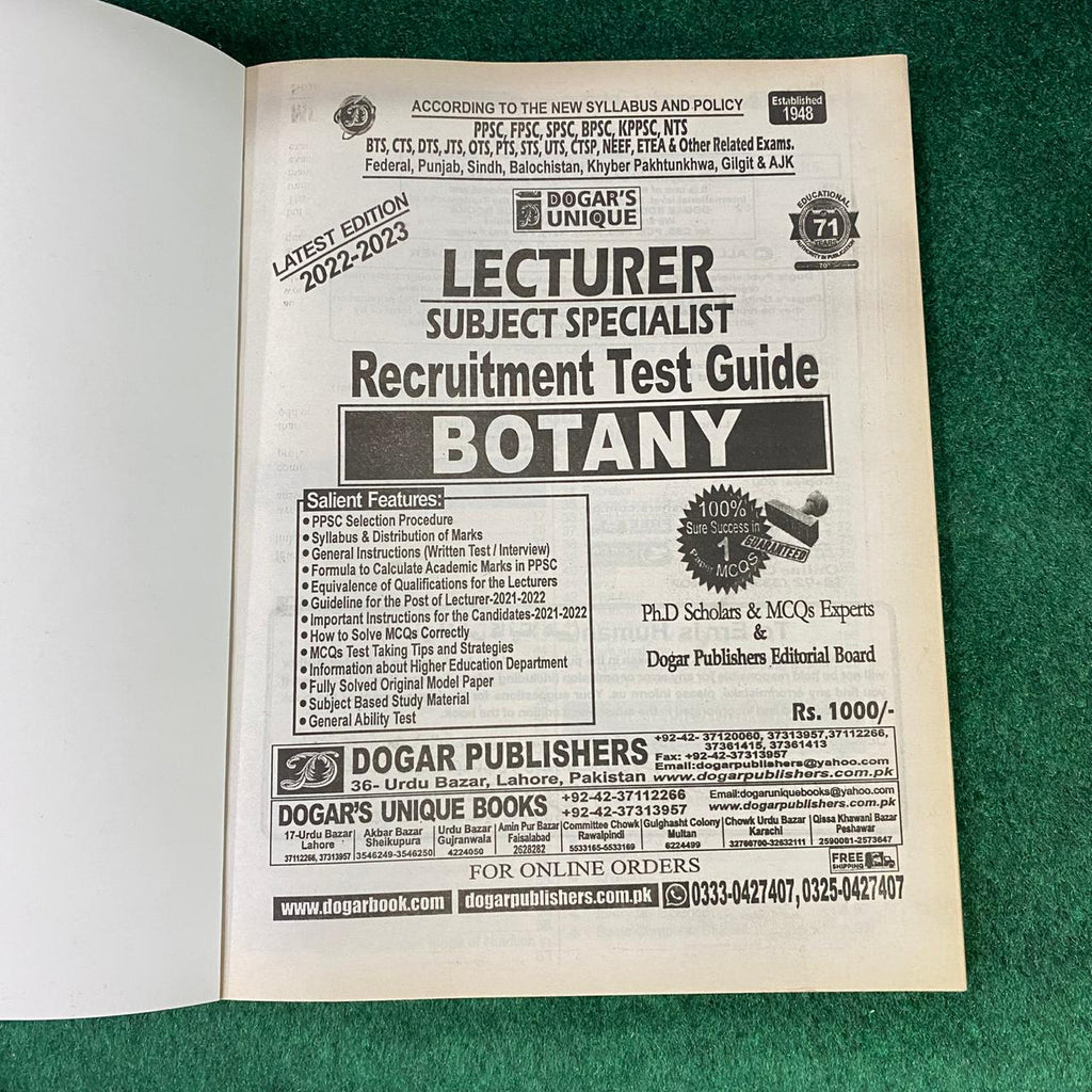 Lecturer / Assistant Professor Subject Specialist Guide for Botany
