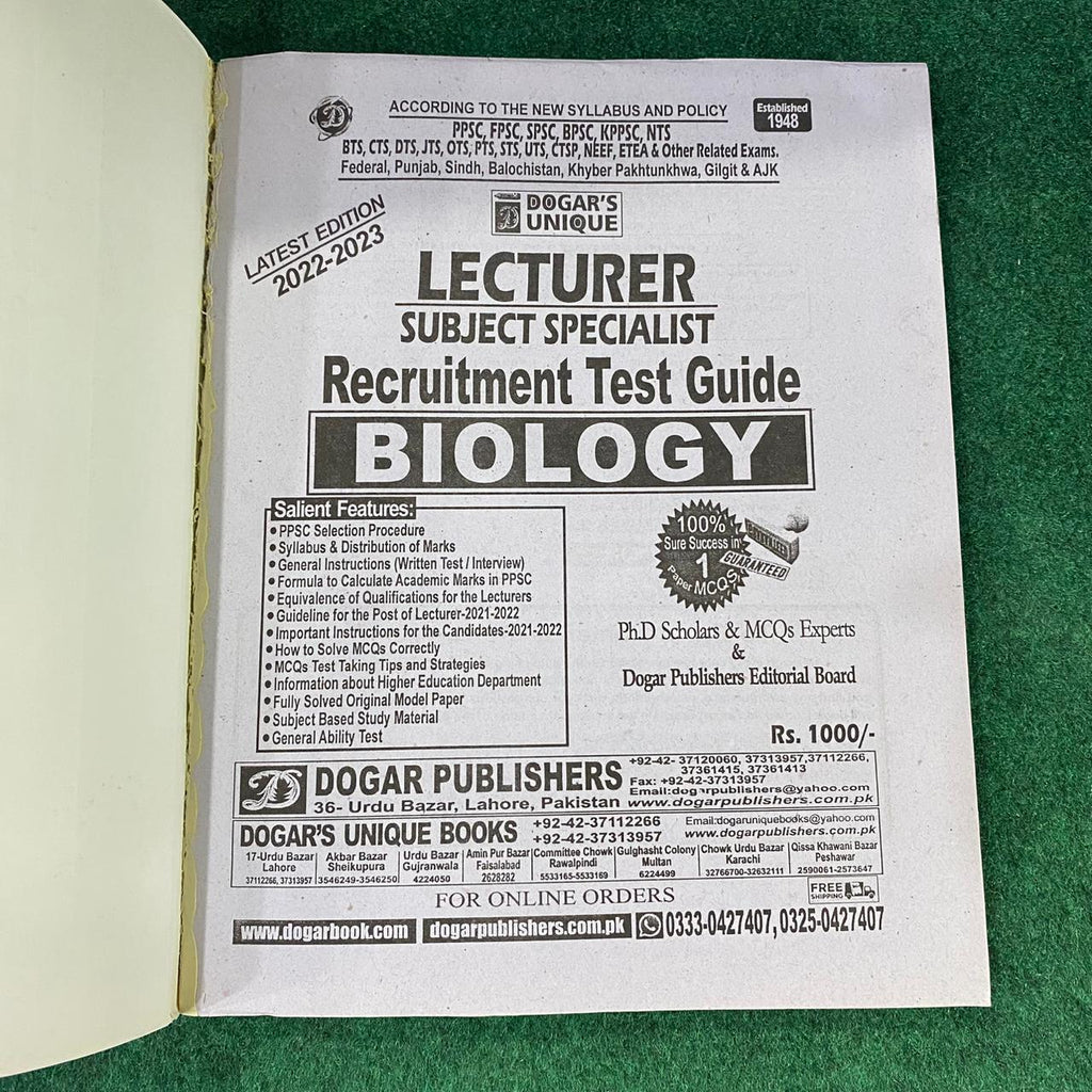 Lecturer / Assistant Professor Subject Specialist Guide for Biology