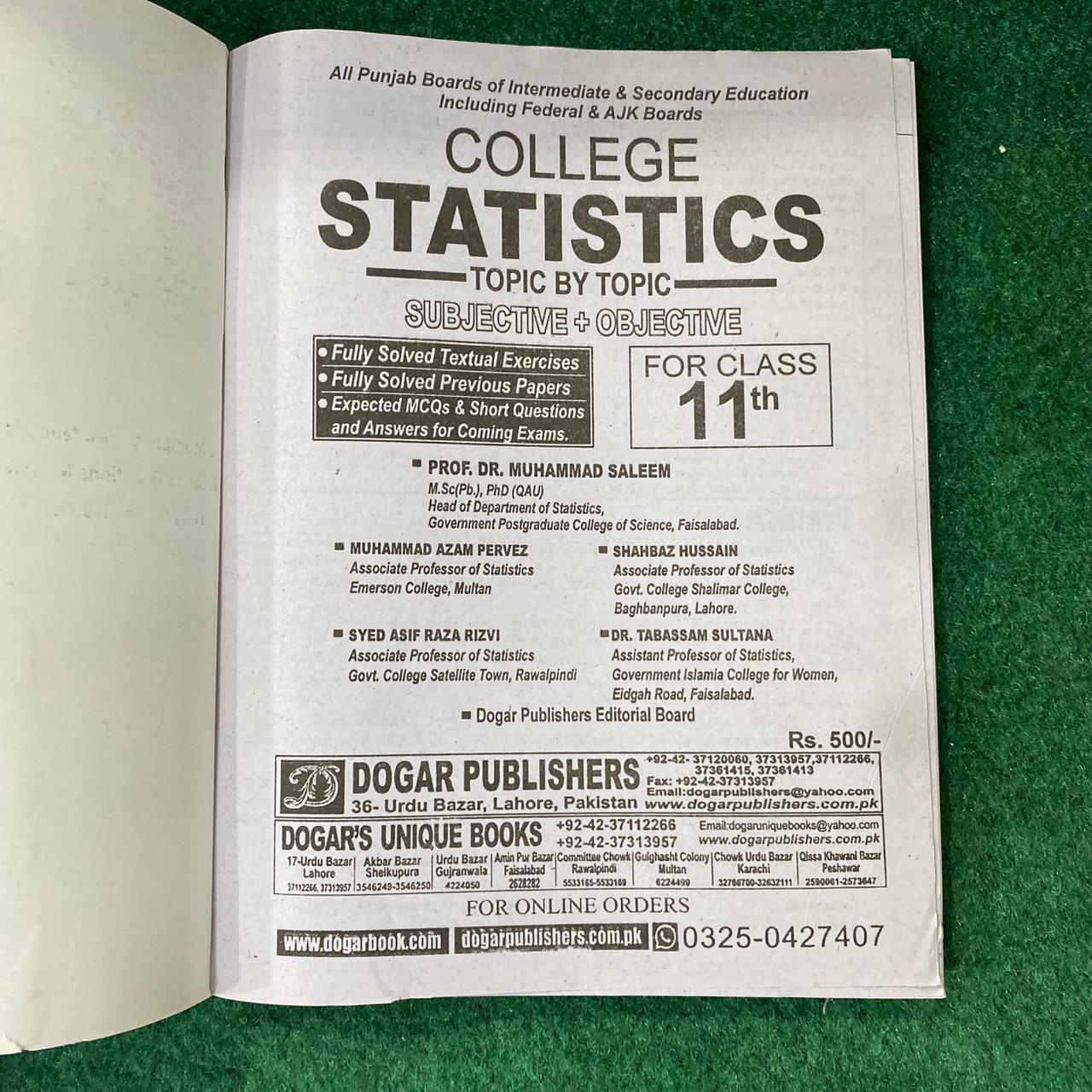 College Statistics (11th Class) – Textbook with Fully Solved Previous Board Papers