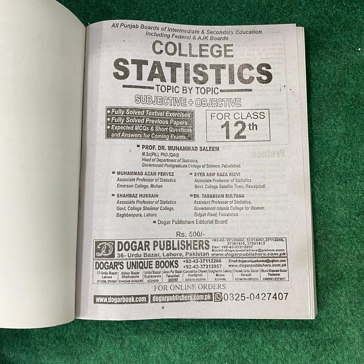 College Statistics (12th Class) – Textbook with Fully Solved Previous Board Papers